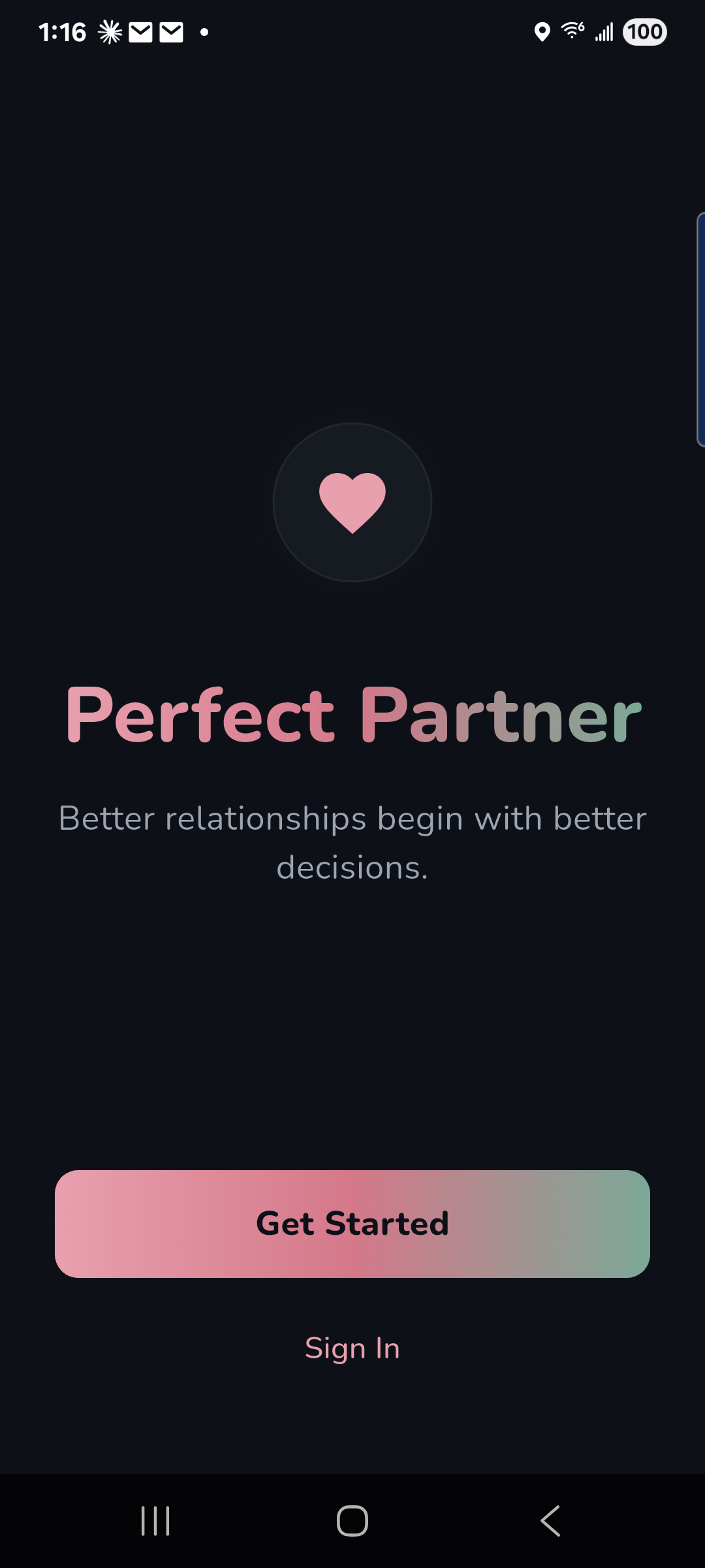 Perfect Partner welcome screen